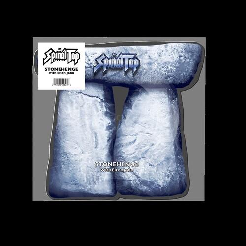 Die-cut vinyl single shaped like a stonehenge monument with silver band logo
