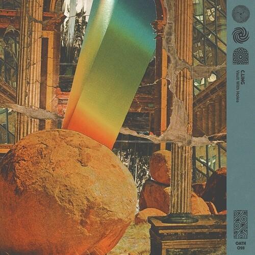 Surreal album cover art featuring a large stone sphere and a rainbow gradient beam in a ruined class