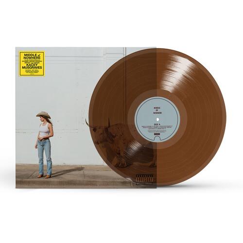 Translucent whiskey-colored vinyl record partially removed from album sleeve featuring a woman in a