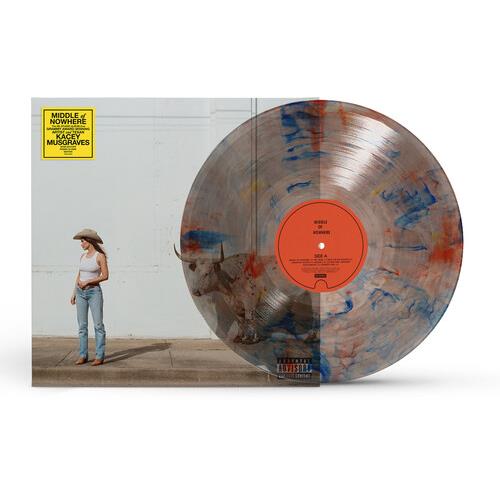 Clear vinyl record with blue and orange marbled splatter pattern and orange center label