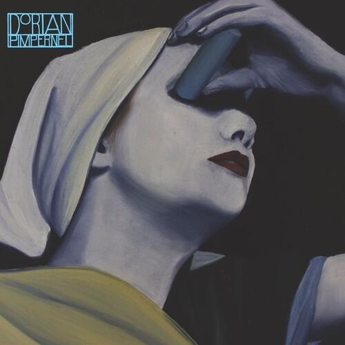 Painted portrait of a woman with a white headscarf holding a blue object to her forehead