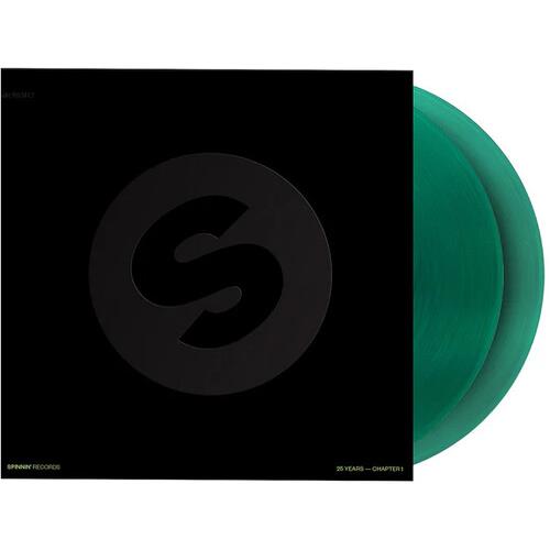 Translucent green vinyl record partially visible beside a black sleeve with a large circular logo