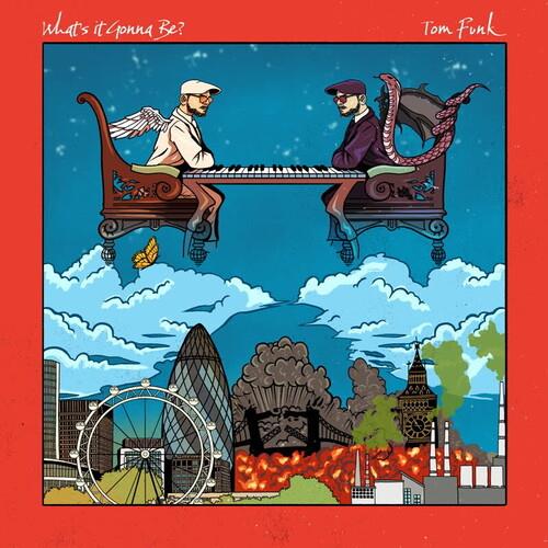Illustrated album cover featuring two winged figures playing a piano above a cityscape
