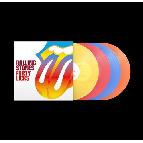 Four colored vinyl records fanned out next to a white album sleeve with a large tongue logo
