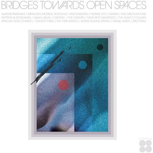 Abstract album cover with teal and purple textured background, geometric shapes, and a red circle