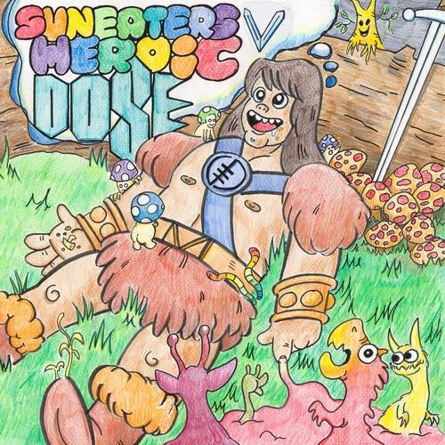 Colorful illustrated album cover featuring a cartoon caveman surrounded by mushrooms and creatures
