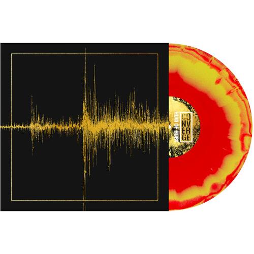 Red and yellow marbled vinyl record partially removed from black sleeve with gold waveform graphic