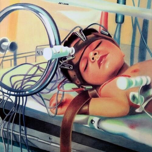 Surreal illustration of a person lying down with medical equipment and wires attached to their head