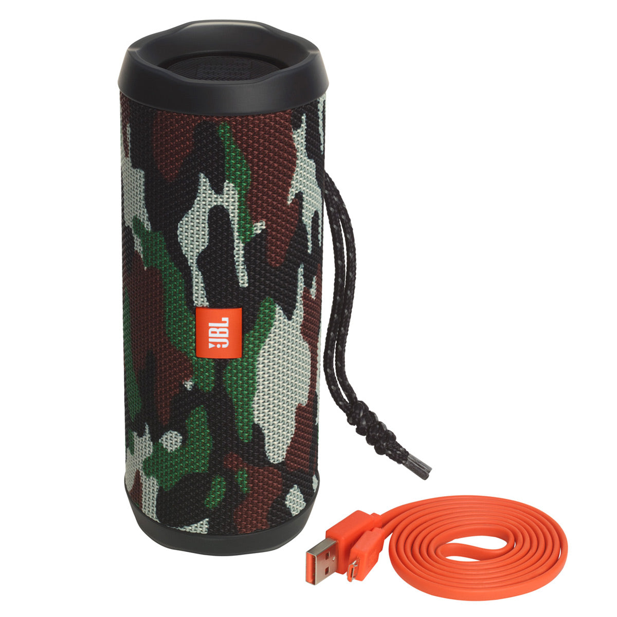 Cylindrical portable speaker with camouflage fabric mesh, black rubber trim, and an attached braided