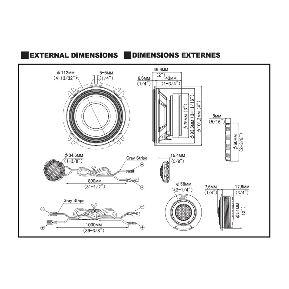 Technical line drawing showing external dimensions of a 4-inch component speaker set with woofer, tw