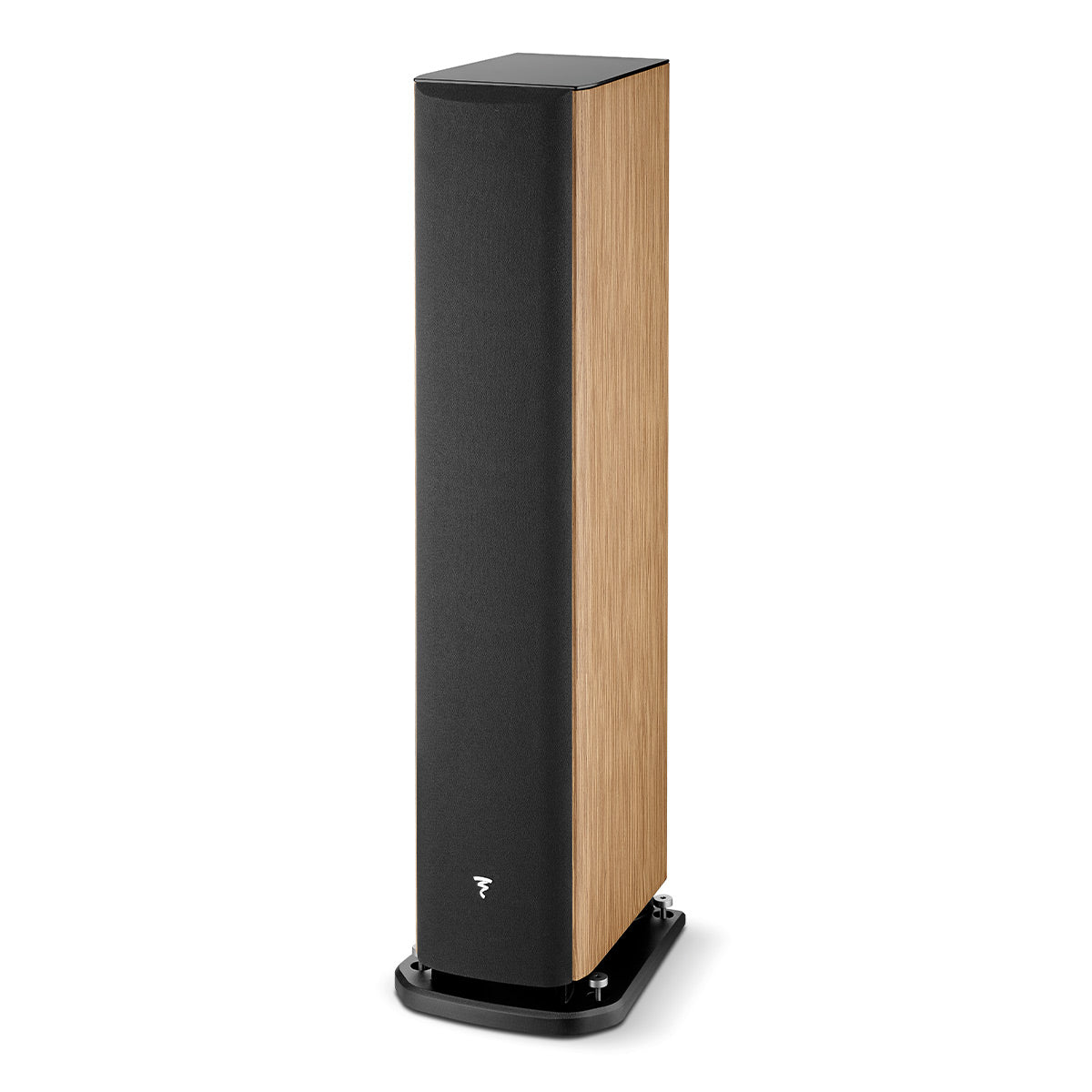 Tall floorstanding speaker with a black grille and walnut wood side panel on a black base
