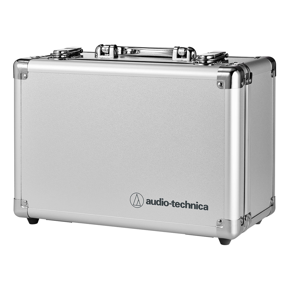 Silver aluminum hard case with chrome latches, top handle, and black logo