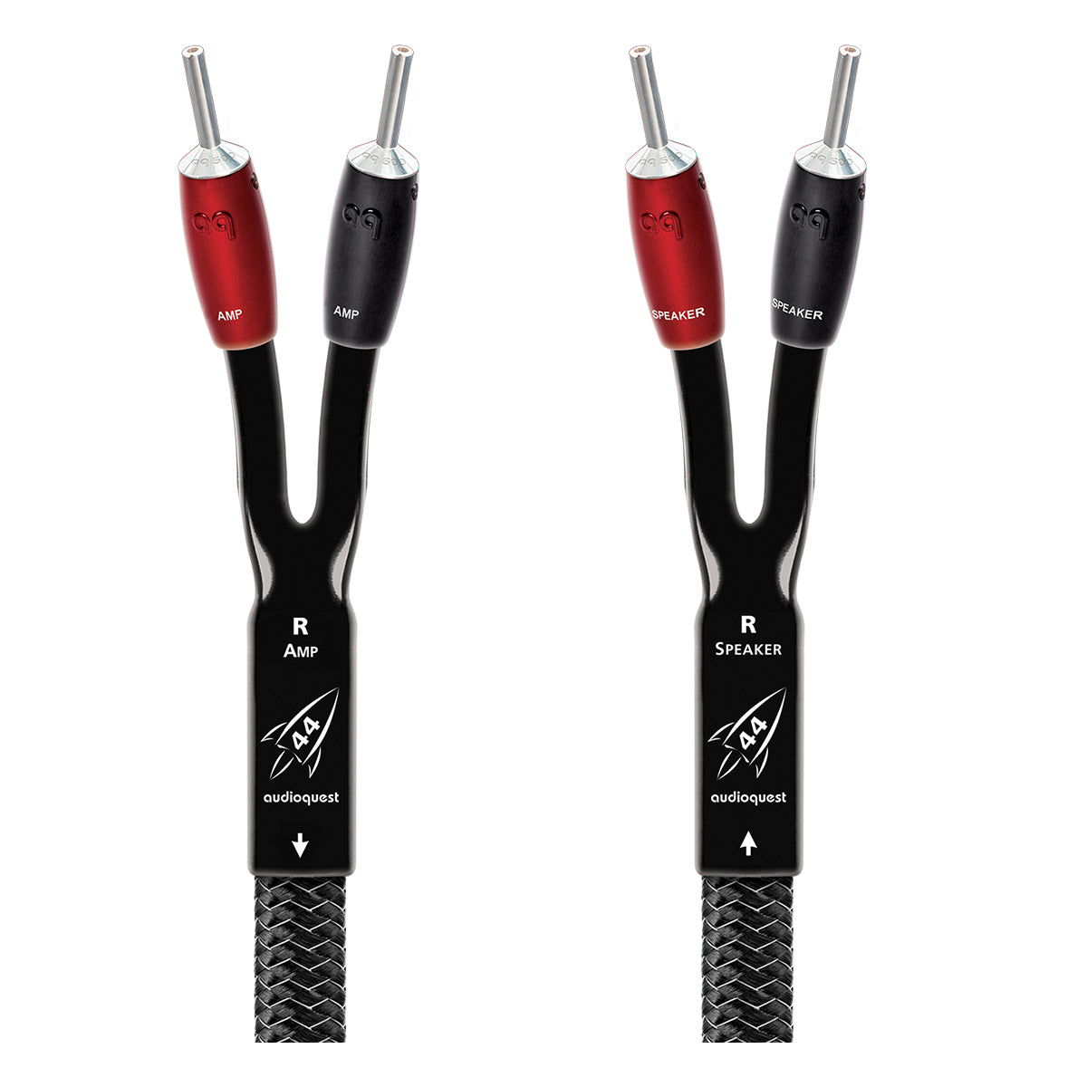Black braided speaker cable with red and black banana plugs labeled amp and speaker