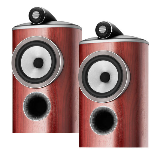 Pair of bookshelf speakers with satin rosenut wood finish and top-mounted tweeter