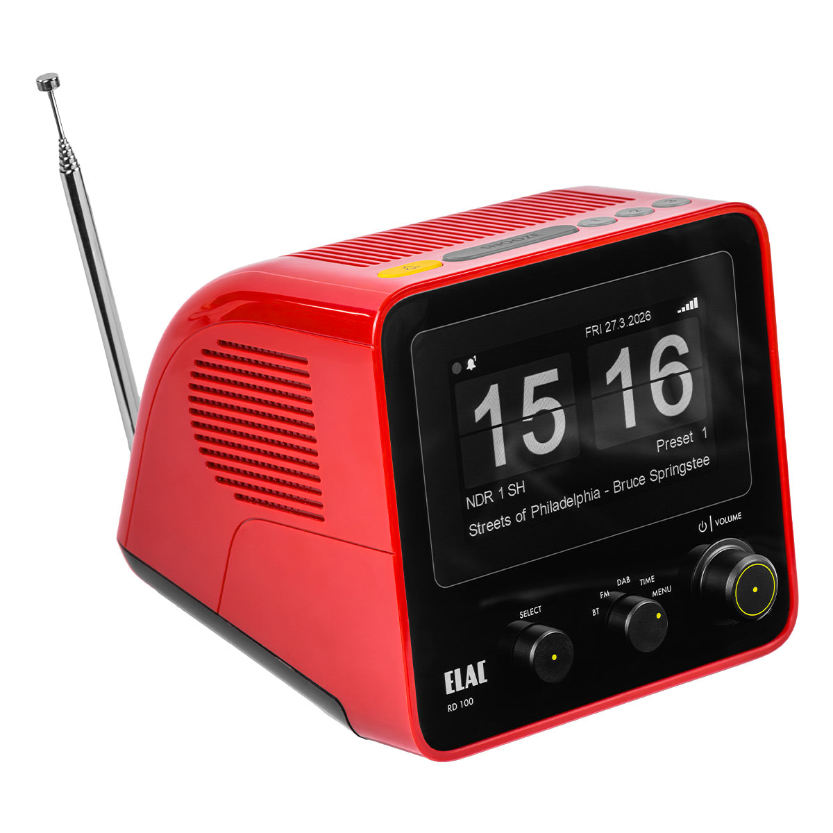 ELAC RD100 Radio Alarm Clock and Bluetooth Speaker (Red)