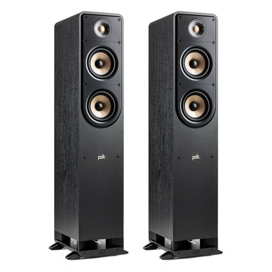 Pair of black floorstanding speakers with wood-grain finish and gold-tone drivers