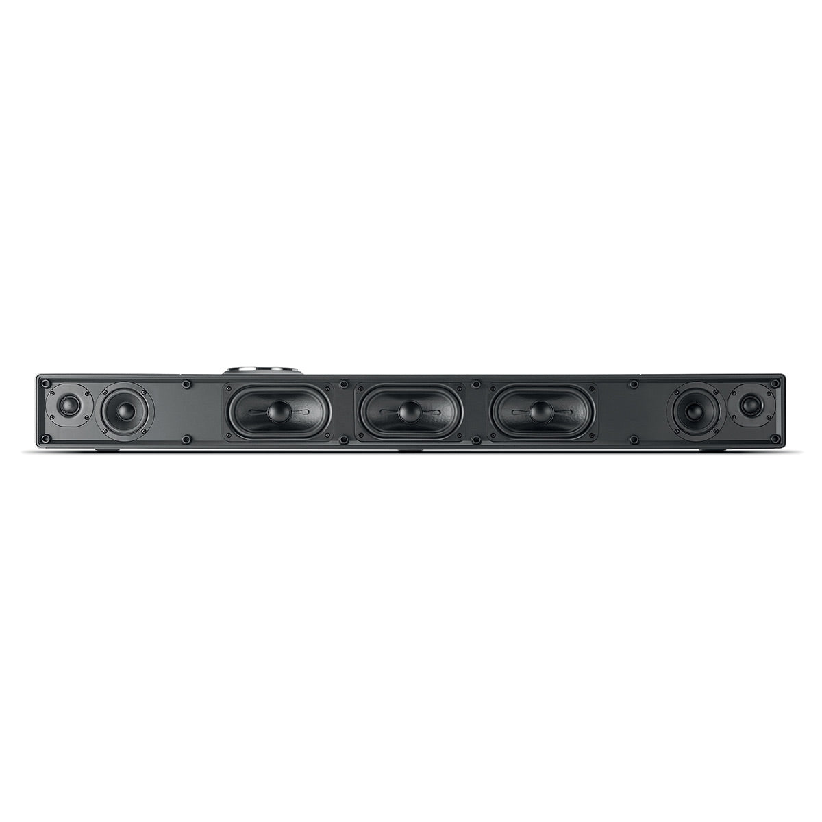 Black soundbar with multiple exposed drivers and a central control dial