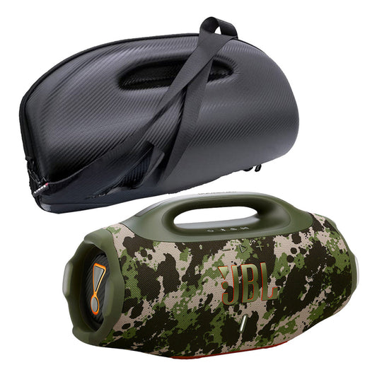 Camouflage portable speaker with orange accents and a black hard-shell carrying case
