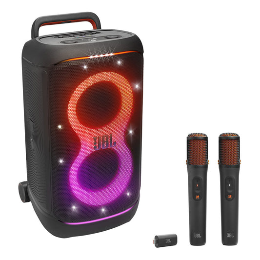 Black portable party speaker with figure-eight light display and two wireless microphones