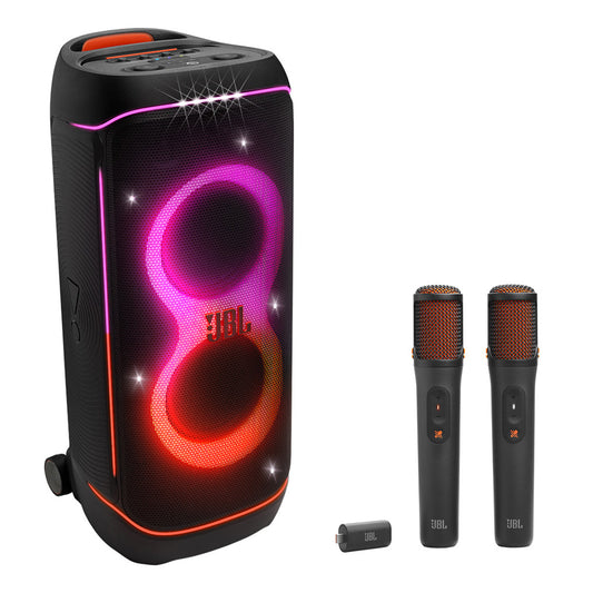 Black portable party speaker with colorful LED light show and two wireless microphones