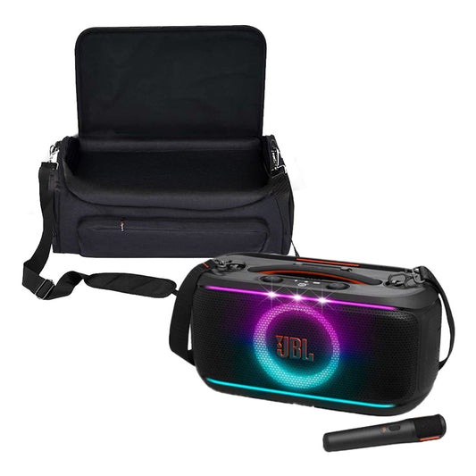 Black portable party speaker with colorful LED light ring, wireless microphone, and open carrying ba