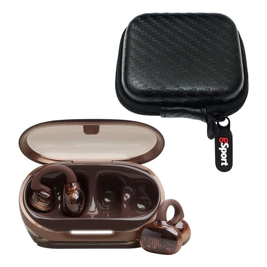 Copper open-ear wireless earbuds in a matching charging case with a black zippered carrying case