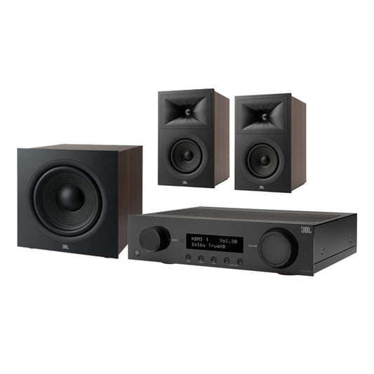 Black home theater system with a subwoofer, two bookshelf speakers, and a receiver