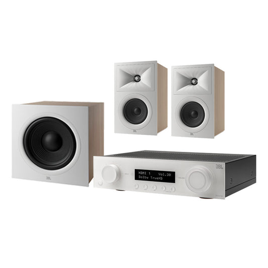 White home theater system with two bookshelf speakers, a subwoofer, and a receiver