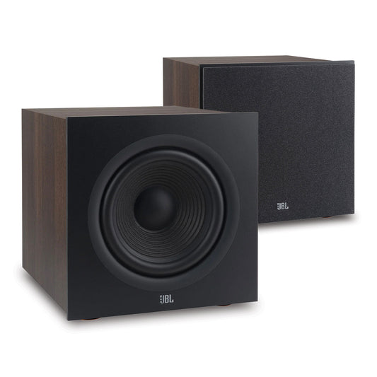 Pair of black subwoofers with walnut wood-grain cabinets and front-firing drivers