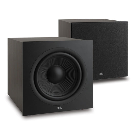 Pair of black powered subwoofers with front-firing drivers and removable grilles