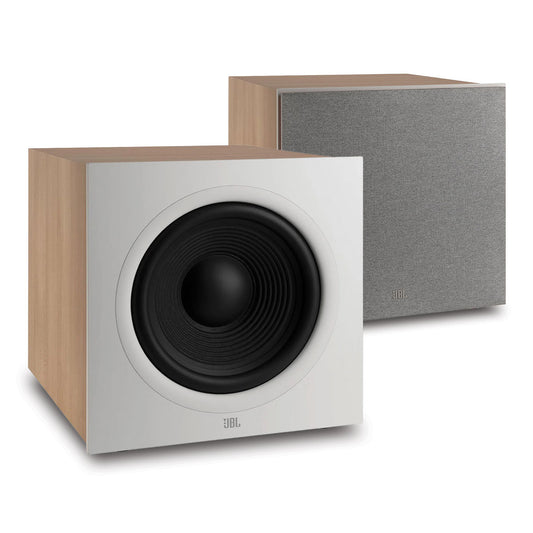 Pair of white and wood-grain powered subwoofers with black drivers and removable grey grilles