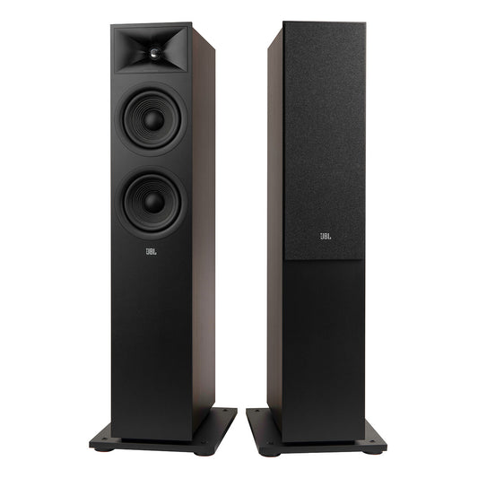 Pair of black floorstanding speakers with dual woofers and horn tweeter