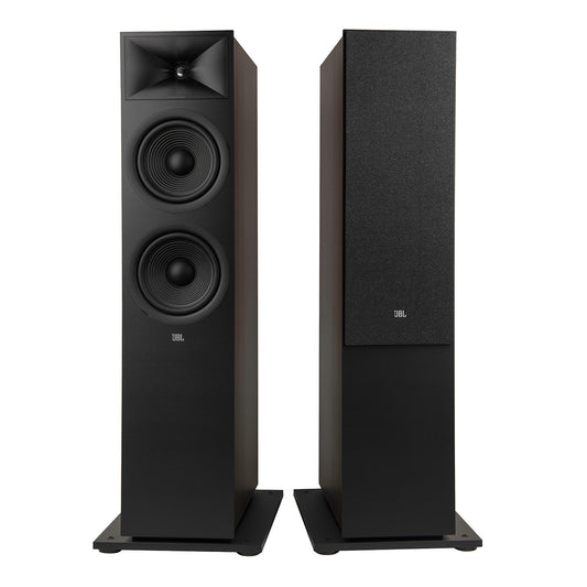 Pair of black floorstanding speakers with dual woofers and a horn tweeter