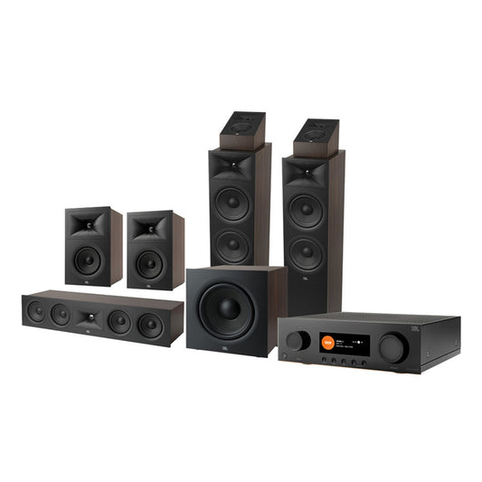 Black home theater speaker system with floorstanding towers, bookshelf speakers, center channel, sub