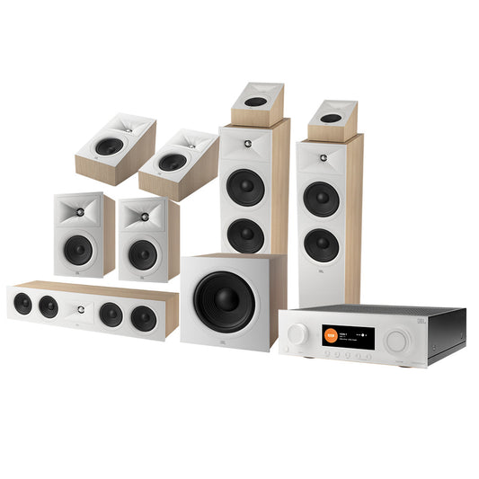 White and wood-grain home theater speaker system with floorstanding towers, subwoofer, and receiver