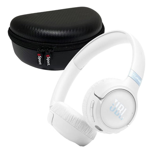 White on-ear headphones with light blue logo and a black hard-shell carrying case