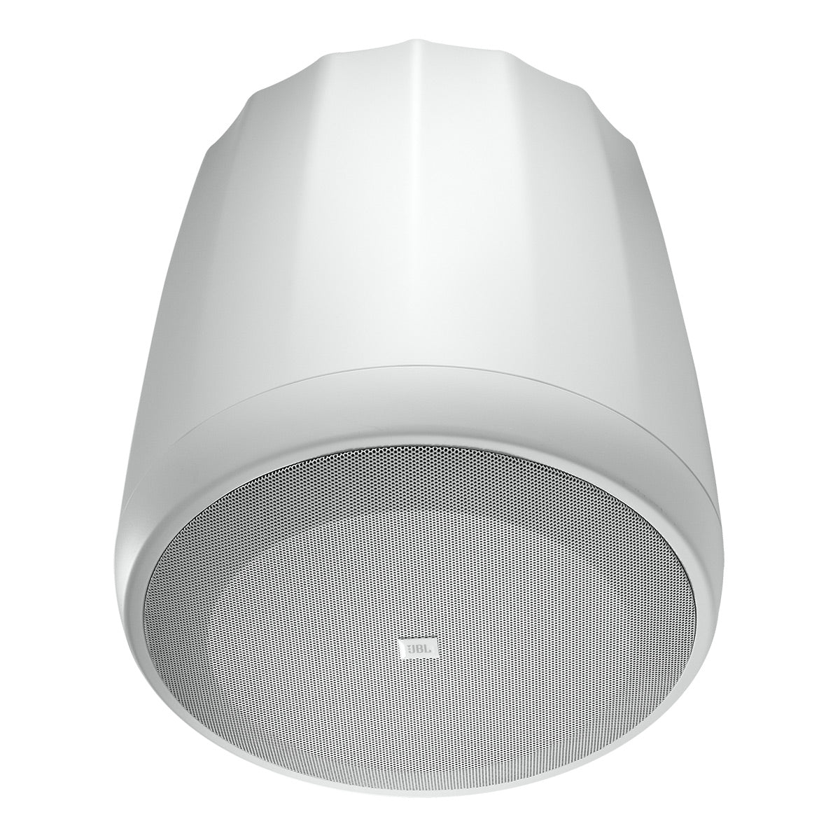 White pendant speaker with a tapered housing and perforated metal grille