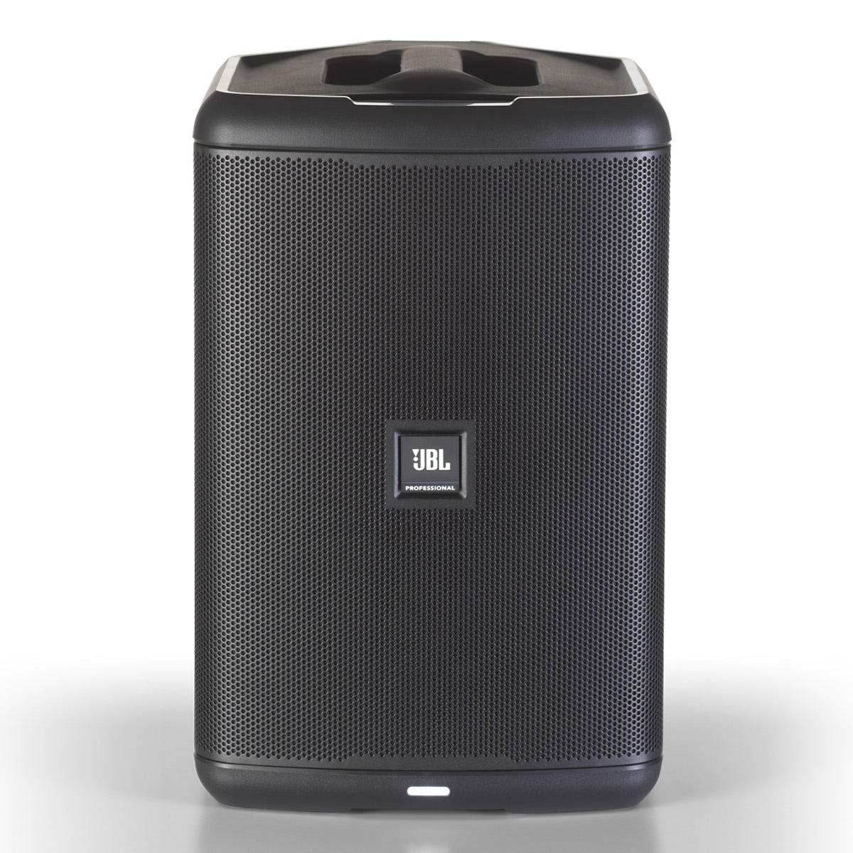 Black portable speaker with a perforated metal grille and a top handle