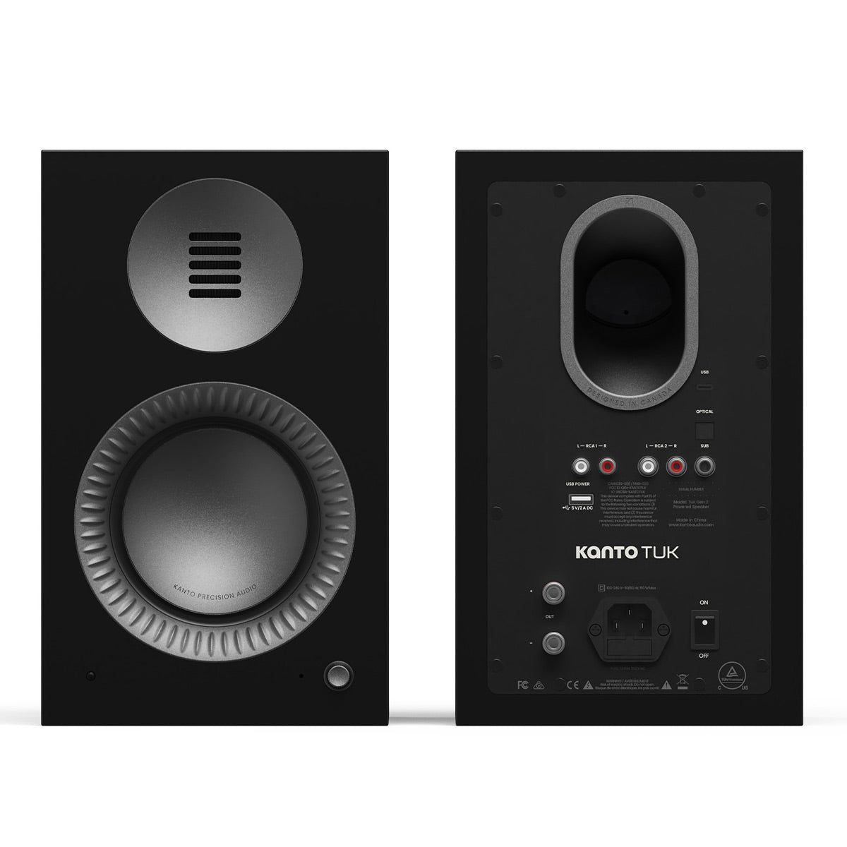 Matte black bookshelf speaker with a silver ribbon tweeter and a large woofer with a ribbed surround