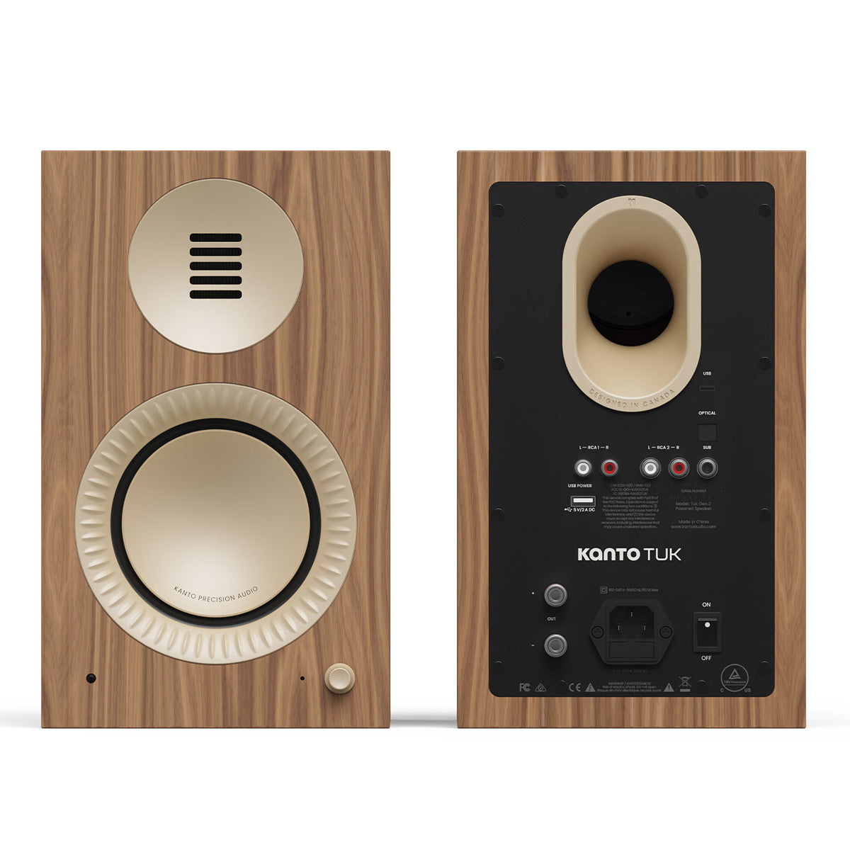 Matte walnut bookshelf speaker with cream-colored drivers and rear connectivity panel