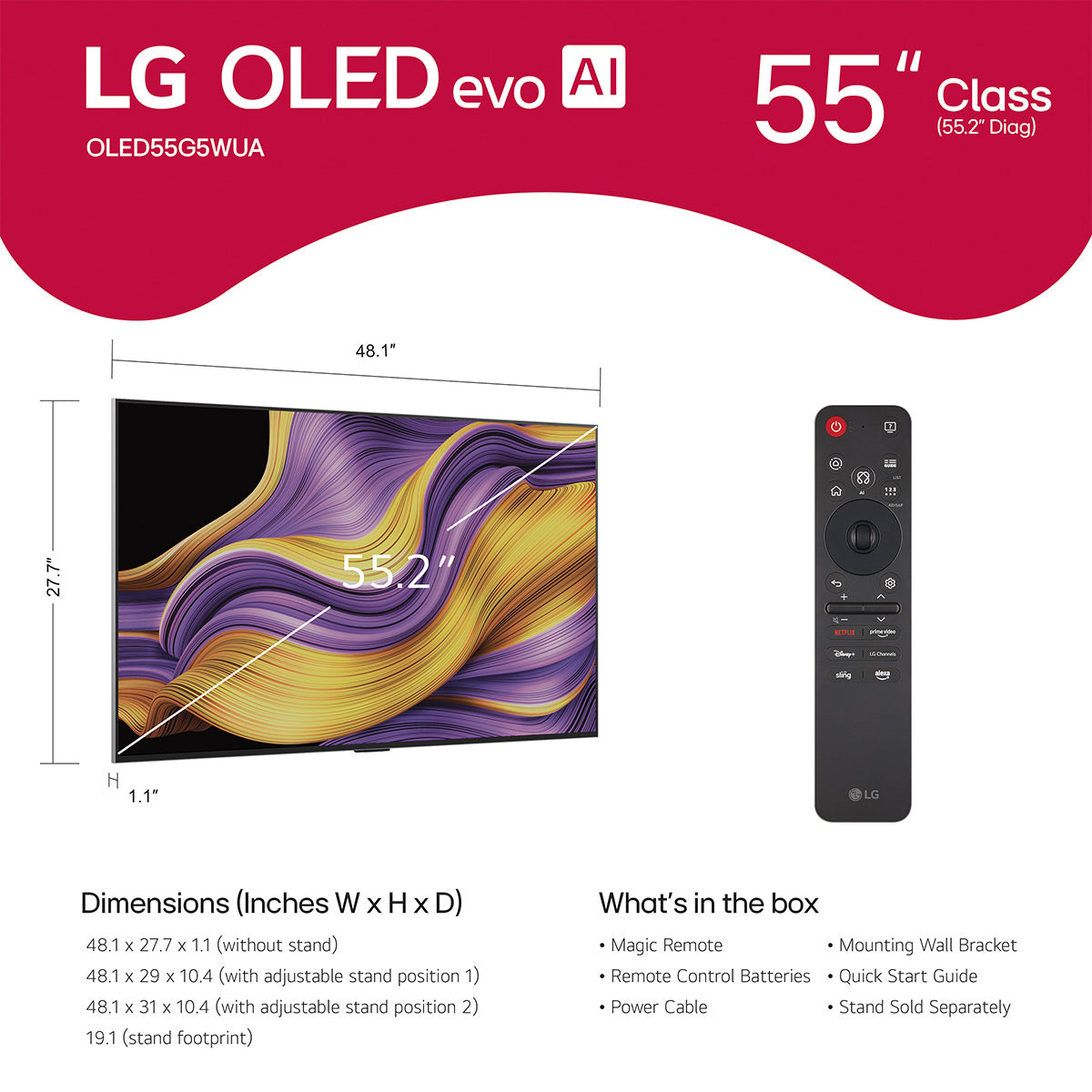 LG OLED55G5WUA 55 Inch 4K OLED evo G5 Smart TV with AudioQuest SKY 3m HDMI Cable