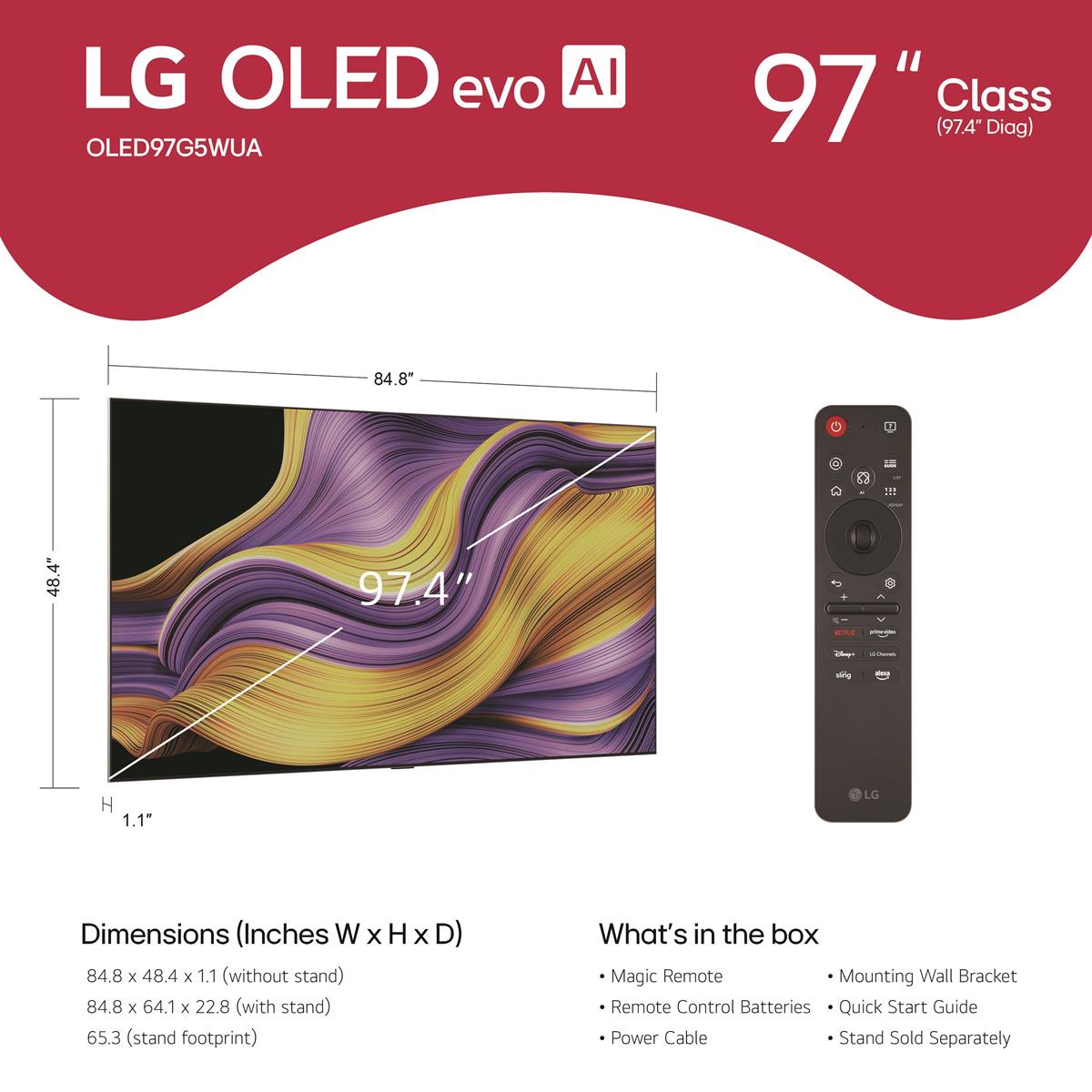 Ultra-slim 97-inch OLED television displaying a colorful abstract wave pattern with a black remote c