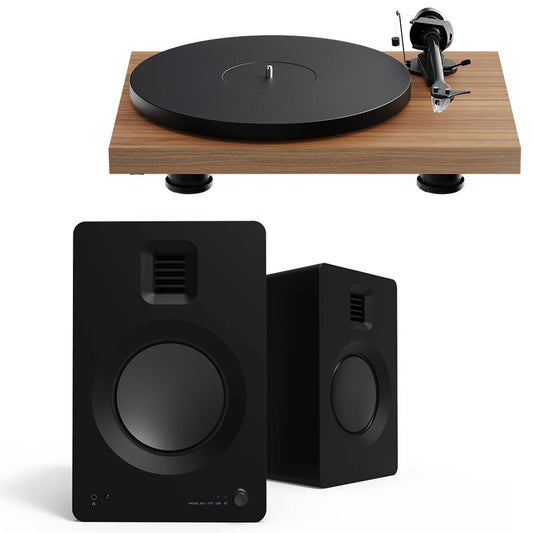 Pro-Ject Debut Evo 2 Turntable Bundle with Kanto TUK Premium Powered Bookshelf Speakers (Satin Walnut/Matte Black)