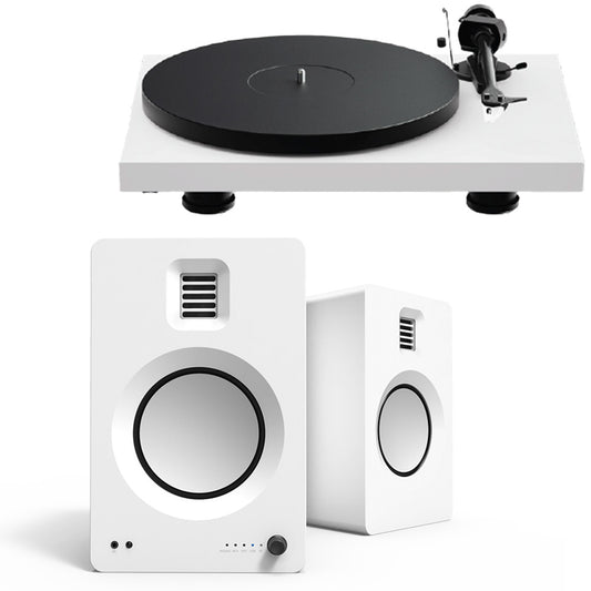 Pro-Ject Debut Evo 2 Turntable Bundle with Kanto TUK Premium Powered Bookshelf Speakers (Satin White/Matte White)