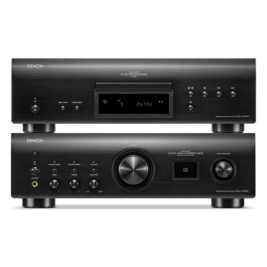 Black brushed metal integrated amplifier and CD player stack with front panel displays and control k