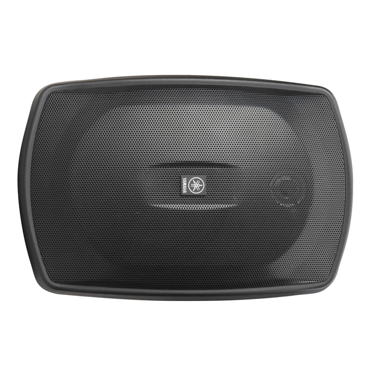 Black outdoor speaker with a perforated metal grille and rounded rectangular frame