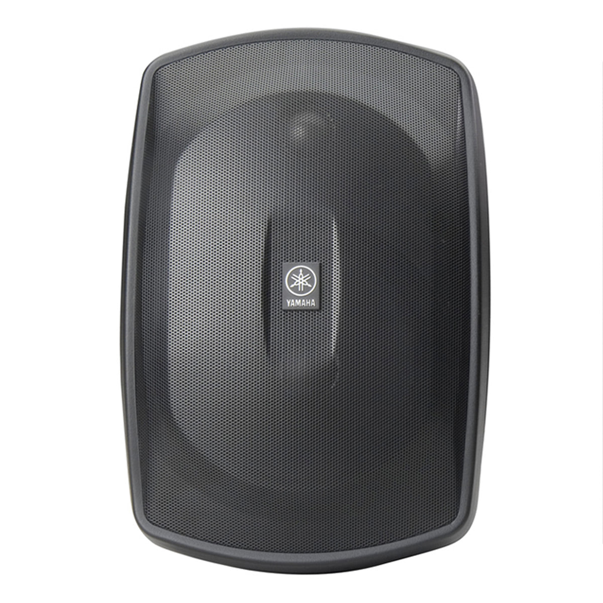 Black outdoor speaker with curved mesh grille and central Yamaha logo