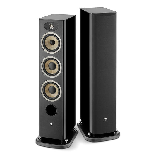 Pair of high-gloss black floorstanding speakers with three gold-tone woofers and a tweeter