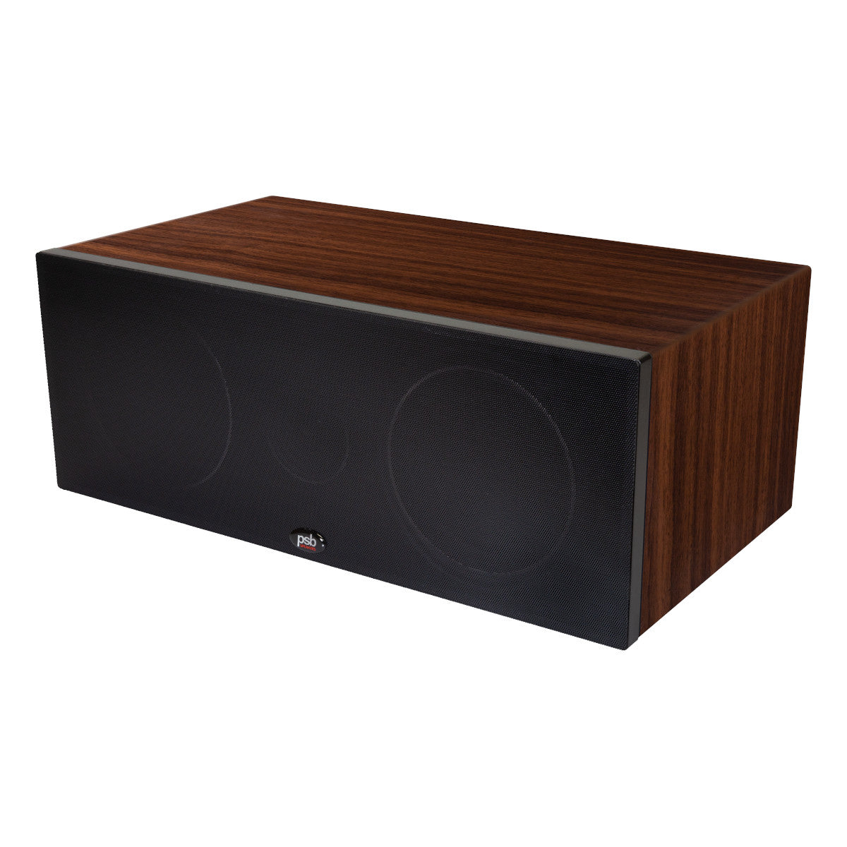 Walnut wood center channel speaker with black mesh grille and dual woofers