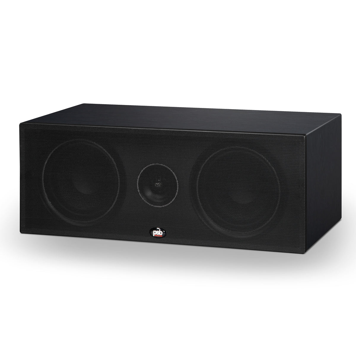 Black rectangular center channel speaker with dual woofers and a central tweeter
